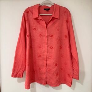 Anne Carson Floral Embroidered Linen Shirt Women 2X Coral Beaded | Coastal Boho